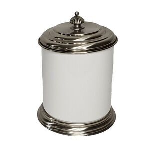 Godinger Lidded Ceramic Canister White Brushed Silver Tone Finial Top Base